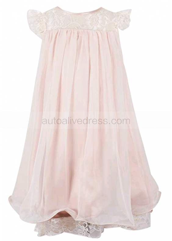 Blush Pink Lace Chiffon Curly Hem Flower Girl Dress